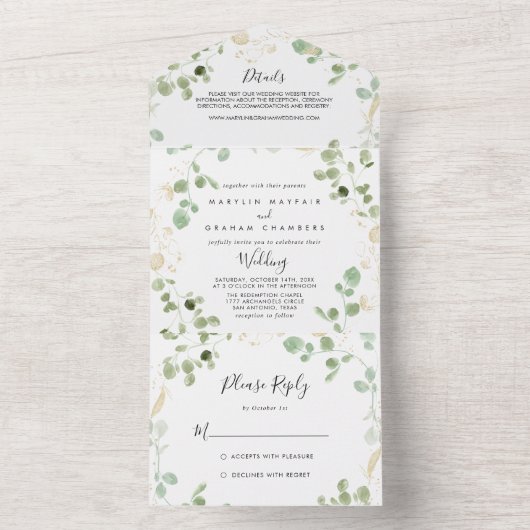 Gold Confetti Eucalyptus Foliage Weddenschap All In One Uitnodiging (Binnen)