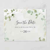 Gold Confetti Eucalyptus Horizontale Save the Date Briefkaart (Voorkant)