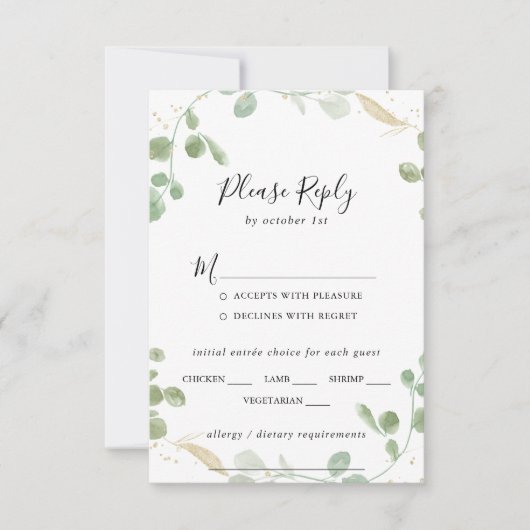 Gold Confetti Eucalyptus Mariage Menu Choix RSVP (Devant)