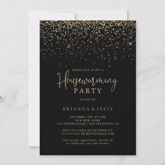 Gold Confetti Fancy Script Housewarming Party Kaart (Voorkant)