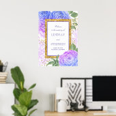 Gold Confetti Floral Blue en Paarse Welkom Poster (Thuiskantoor)
