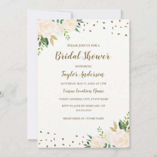 Gold Confetti Floral Bridal Douche Invitation (Devant)