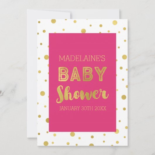 Gold Confetti Fuchsia Invitation Baby shower rose (Devant)