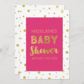 Gold Confetti Fuchsia Invitation Baby shower rose (Devant / Derrière)