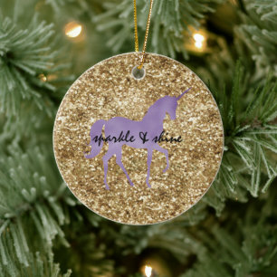 Gold Confetti Glitter Paarse Unicorn Keramisch Ornament