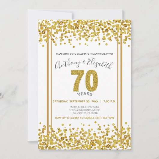 Gold Confetti Glitter-Style 70e Jubileum Partij Kaart (Voorkant)