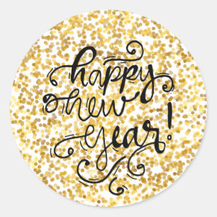 Gold Confetti Happy Nieuwjaar Ronde Sticker