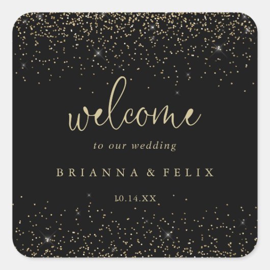 Gold Confetti kalligrafie script bruiloft welkom Vierkante Sticker (Voorkant)
