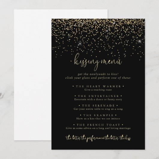 Gold Confetti Mariage Kissing Menu Carte de jeu (Devant / Derrière)
