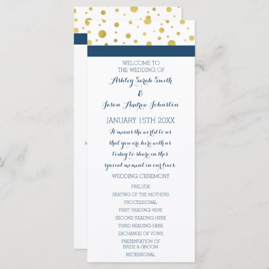 Gold Confetti Marine Programme de mariage bleu (Devant / Derrière)