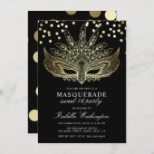 Gold Confetti Masquerade Sweet 16 Party Invitation (Devant / Derrière)