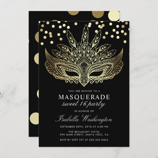 Gold Confetti Masquerade Sweet 16 Party Invitation (Devant / Derrière)