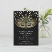 Gold Confetti Masquerade Sweet 16 Party Invitation (Debout devant)