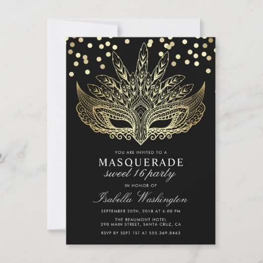Gold Confetti Masquerade Sweet 16 Party Invitation (Devant)