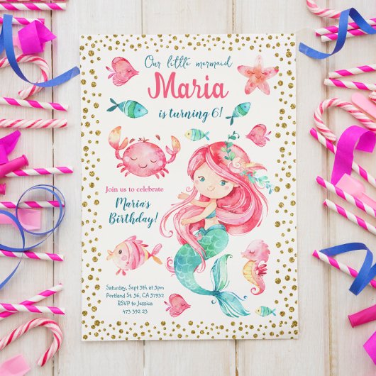Gold confetti Mermaid Invitation d'anniversaire
