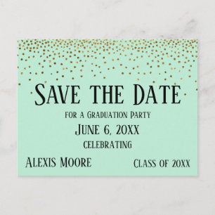 Gold Confetti Mint Green Afstuderen Save the Date Briefkaart