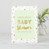 Gold Confetti Mint Green Baby Shower-uitnodigingen Kaart (Staand voorkant)