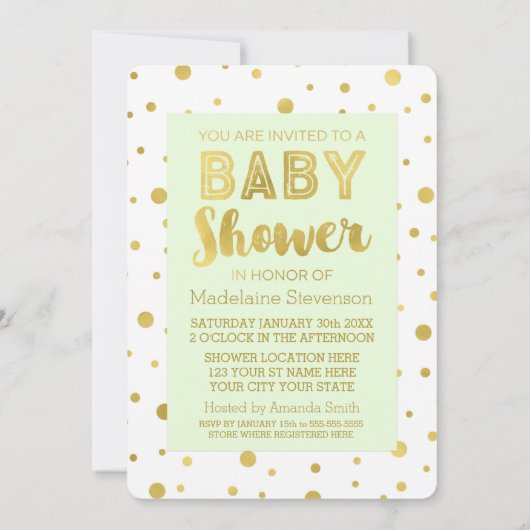 Gold Confetti Mint Green Baby Shower-uitnodigingen Kaart (Achterkant)