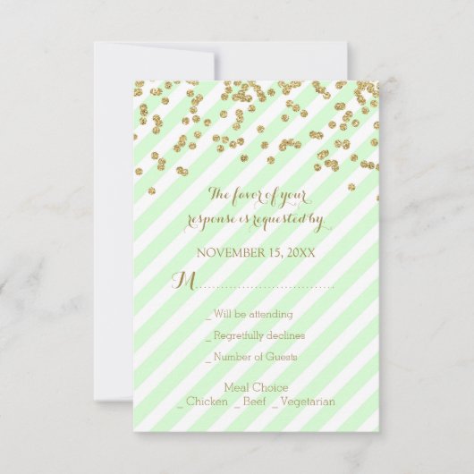Gold Confetti Mint Stripes Wedding RSVP (Voorkant)