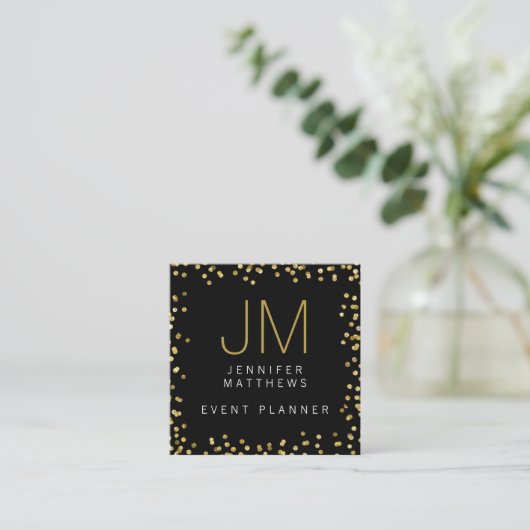 Gold Confetti Modern Monogram Event Planner Vierkante Visitekaartje (Staand voorkant)