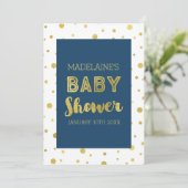 Gold Confetti Navy Blue Baby Shower-uitvindingen Kaart (Staand voorkant)