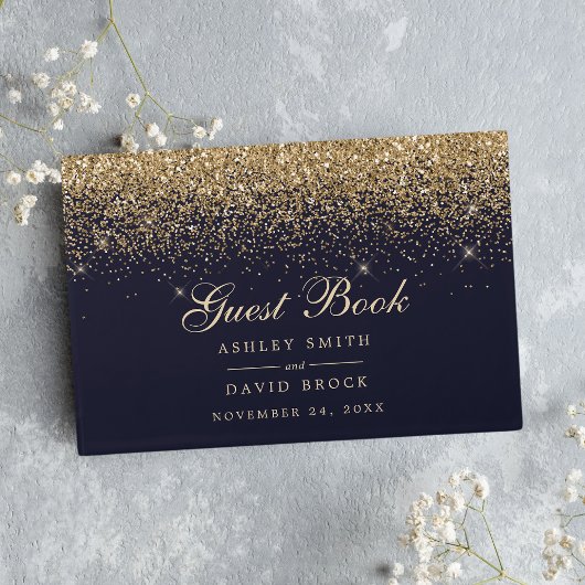 Gold Confetti Navy Blue Modern Chic Wedding Gastenboek