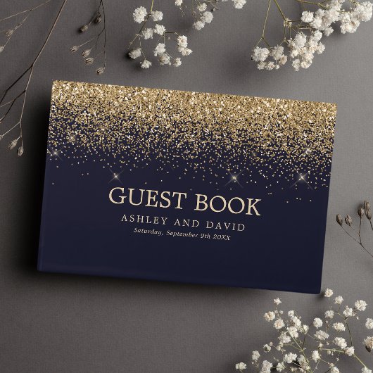 Gold Confetti Navy Blue Modern Wedding Gastenboek