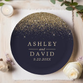 Gold Confetti Navy Blue Modern Wedding Papieren Bordje