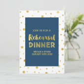 Gold Confetti Navy Blue Rehearsal Dinner Party Kaart (Staand voorkant)