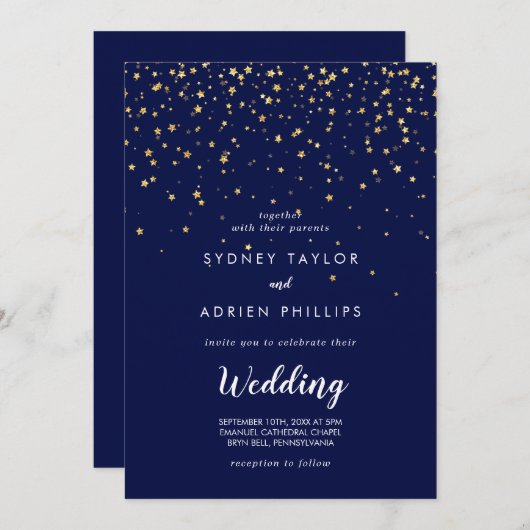 Gold Confetti | Navy Front and Back Wedding Kaart (Voorkant / Achterkant)