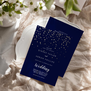 Gold Confetti Navy Front en Back Wedding Gold Folie Uitnodiging