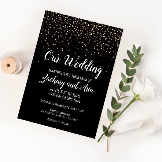 Gold Confetti op Black Our Wedding Kaart