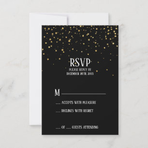Gold Confetti op de zwarte Eve RSVP-kaart van nieu RSVP Kaartje