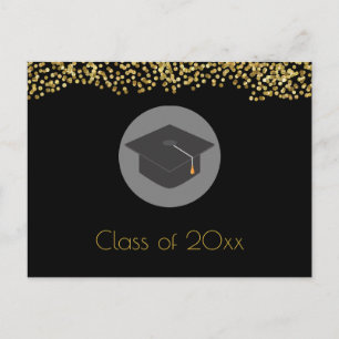 Gold-Confetti op zwart met Graduy Cap Party Uitnodiging Briefkaart