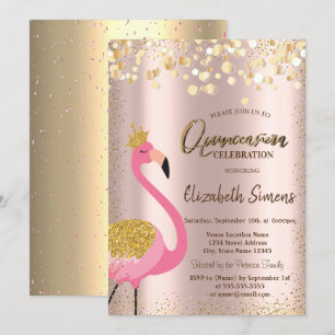 Gold Confetti Pink Flamingo Roos Gold Quinceañera Kaart