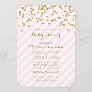 Gold Confetti Pink Stripes Baby Shower Uitnodiging