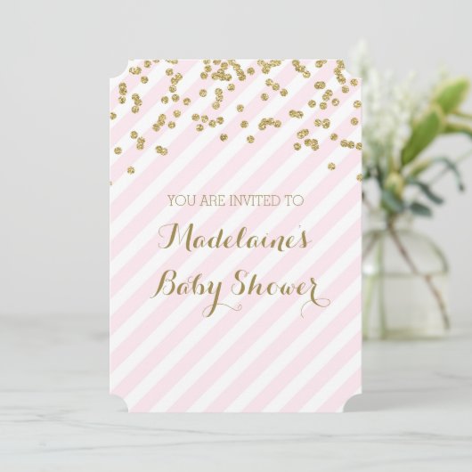 Gold Confetti Pink Stripes Bébé Douche Invitations (Debout devant)