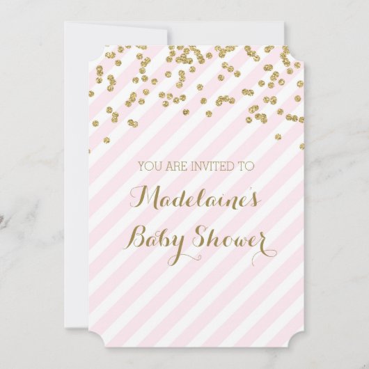 Gold Confetti Pink Stripes Bébé Douche Invitations (Devant)