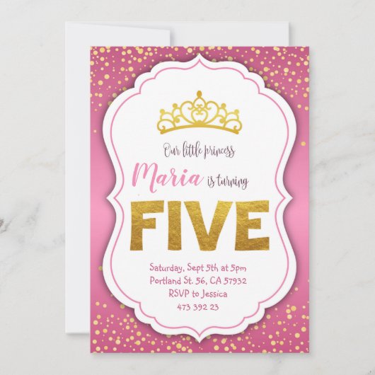 Gold Confetti Princess 5e anniversaire Invitation (Devant)