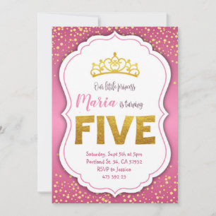 Gold Confetti Princess 5e anniversaire Invitation 