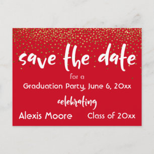 Gold Confetti Red Graduation Party Save the Date Aankondigingskaart