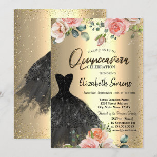 Gold Confetti, Roos Black Dress Quinceañera Kaart