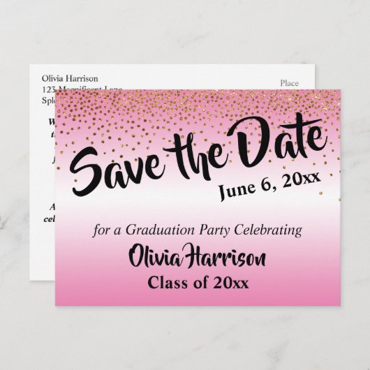 Gold Confetti Roze Afstuderen sparen de Datum Briefkaart (Voorkant / Achterkant)