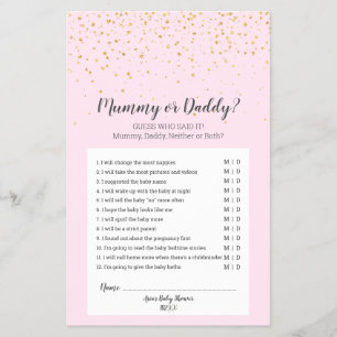 Gold Confetti Roze Baby shower Mummy of Dad Game Flyer
