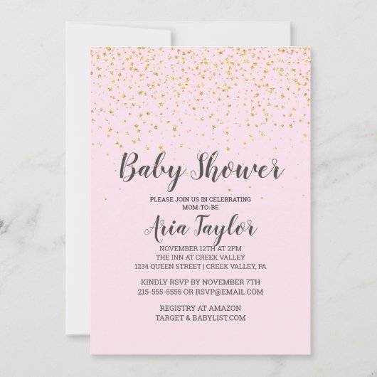 Gold Confetti Roze kalligrafie Baby shower Kaart (Voorkant)