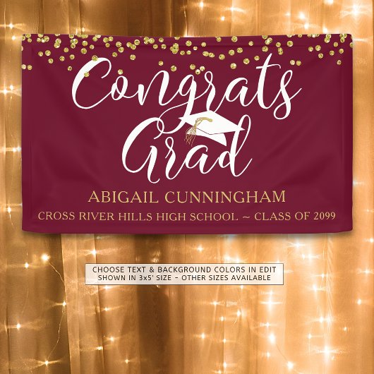 Gold Confetti Script CONGRATS AFSTUDEERDER Maroon Spandoek