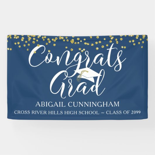 Gold Confetti Script CONGRATS Bannière Bleue GRAD (Horizontal)
