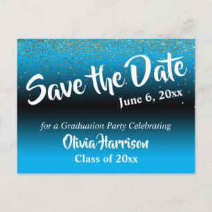 Gold Confetti Sky Blue Afstuderen Save the Date Briefkaart