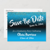 Gold Confetti Sky Blue Afstuderen Save the Date Briefkaart (Voorkant / Achterkant)