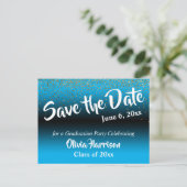 Gold Confetti Sky Blue Afstuderen Save the Date Briefkaart (Staand voorkant)